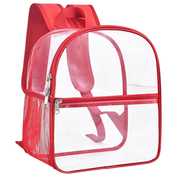Clear Stadium Approved Backpack 12x12x6 Inches, PVC Transparent Bookbag With Reinforced Wide Padded Shoulder Straps, Lightweight See Through Daypack For Concerts Festivals And Work, Red (Red)