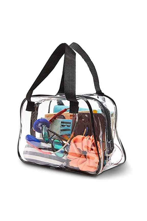 Clear Stadium Bag - Clear Tote Handbag with Handles for Stadium Events & Concerts - Waterproof PVC Transparent Travel Pouch for Toiletries - Zipper Closure - 10.6 x 4 x 7 In