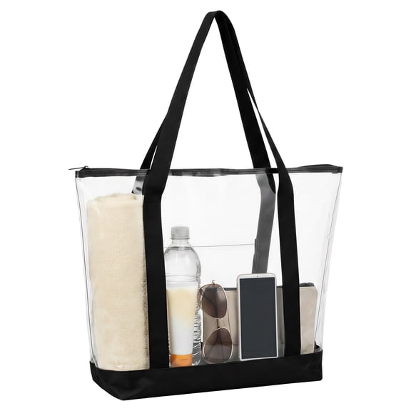 Large Clear Tote Bag with Zipper and Front Pocket, 20 x 15 x 5.5 Inches PVC Work Bag for Stadium Events, Travel and Daily Use, Black