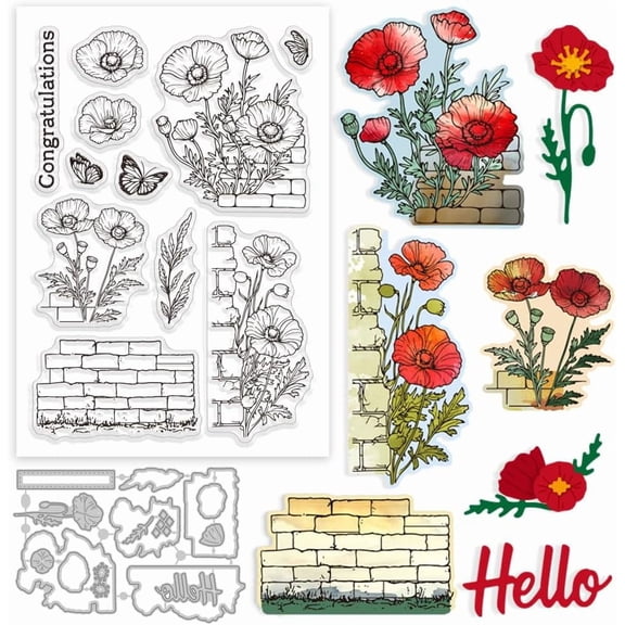 Clear Stamp and Cutting Dies Set for Card Making Spring Flowers Wall Silicone Clear Stamp Metal Butterfly Die Cuts for DIY Scrapbooking Photo Album