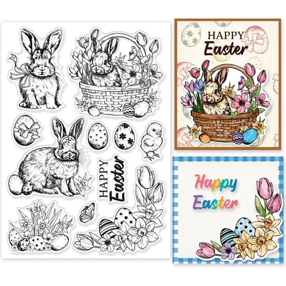 Clear Stamps - 8.3x5.8, Happy Easter Words, Eggs, Flowers, Retro Bunny, Transparent Stamp for Card Making, DIY Paper Scrapbooking Decoration