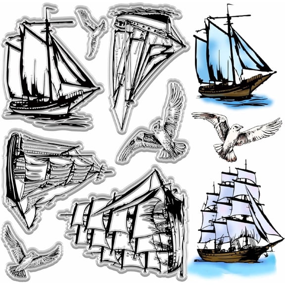 Clear Stamps Boat Seagull Sailboat Ship Silicone Stamp Reusable Retro Sea Background Postmark Transparent Rubber Stamp Seal