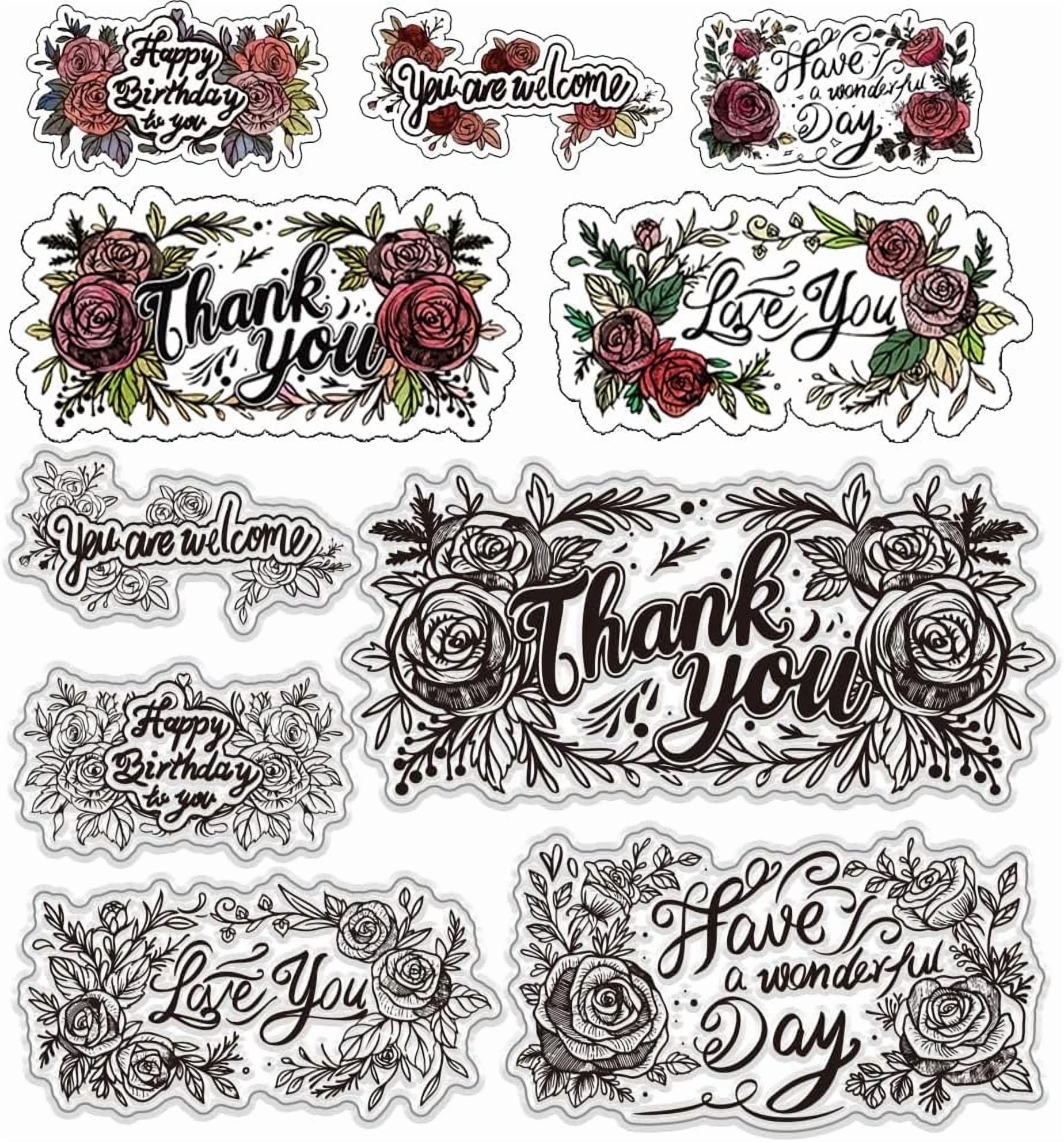 Clear Stamps Set 5pcs Greeting Words with Flower Patterns Thank You ...