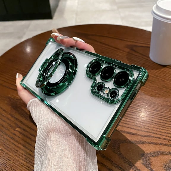 Clear Stand Case for Samsung Galaxy A15 Transparent Non-Yellowing Plated Phone Cover, Compatible for Samsung Galaxy A15 Case with Ring Holder Kickstand & Camera Lens Protector, Darkgreen