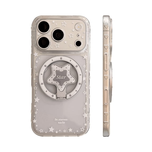 Clear Star Phone Case for iPhone 17 Pro Max, Concise Shockproof Cover with Rotating Ring Holder, Protective Magnetic Compatible Case for Women