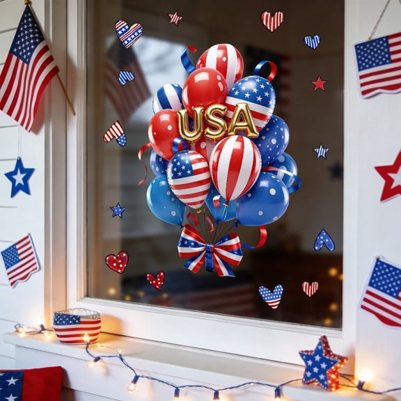 Clear Static Patriotic Window Decal, Red White Blue 4th Of July No Glue Sticker, Transparent Glass Cling for Indoor Home Door Window Holiday Scene Decor