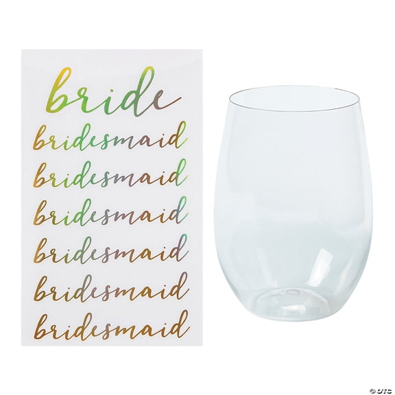 Clear Stemless Wine Glasses with Bridal Party Stickers - 26 Pieces
