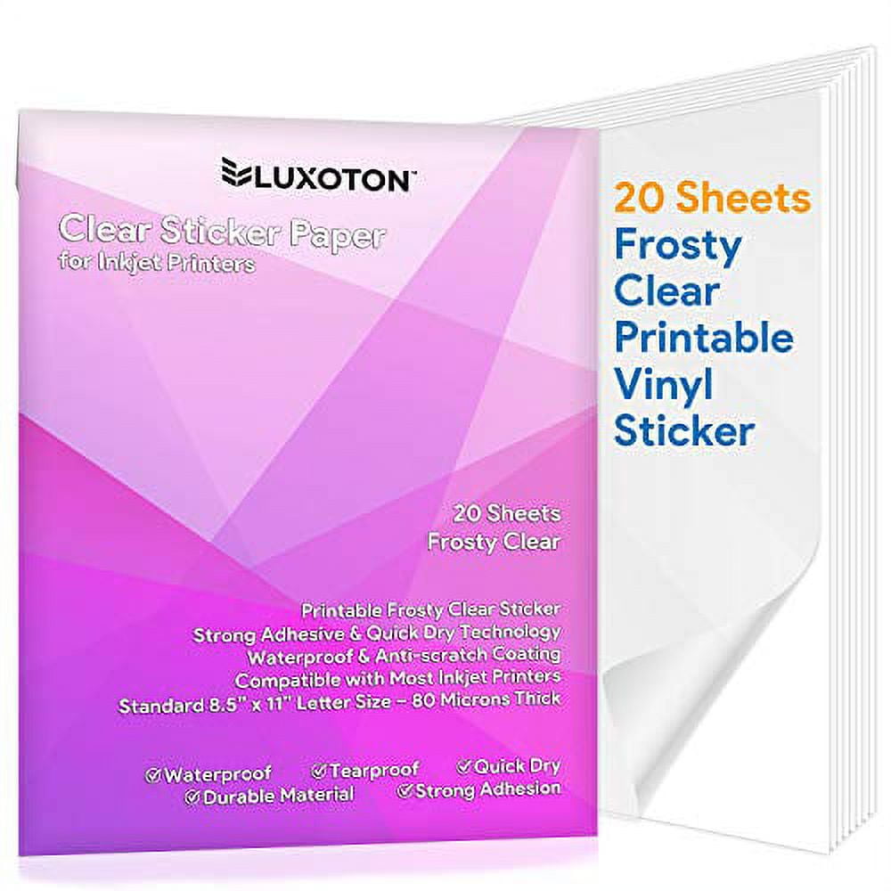 Printable Vinyl Sticker Paper for Inkjet Printer - Transparent Clear - 20 Self Adhesive Sheets - Waterproof Decal Paper - Standard Letter Size 8.5