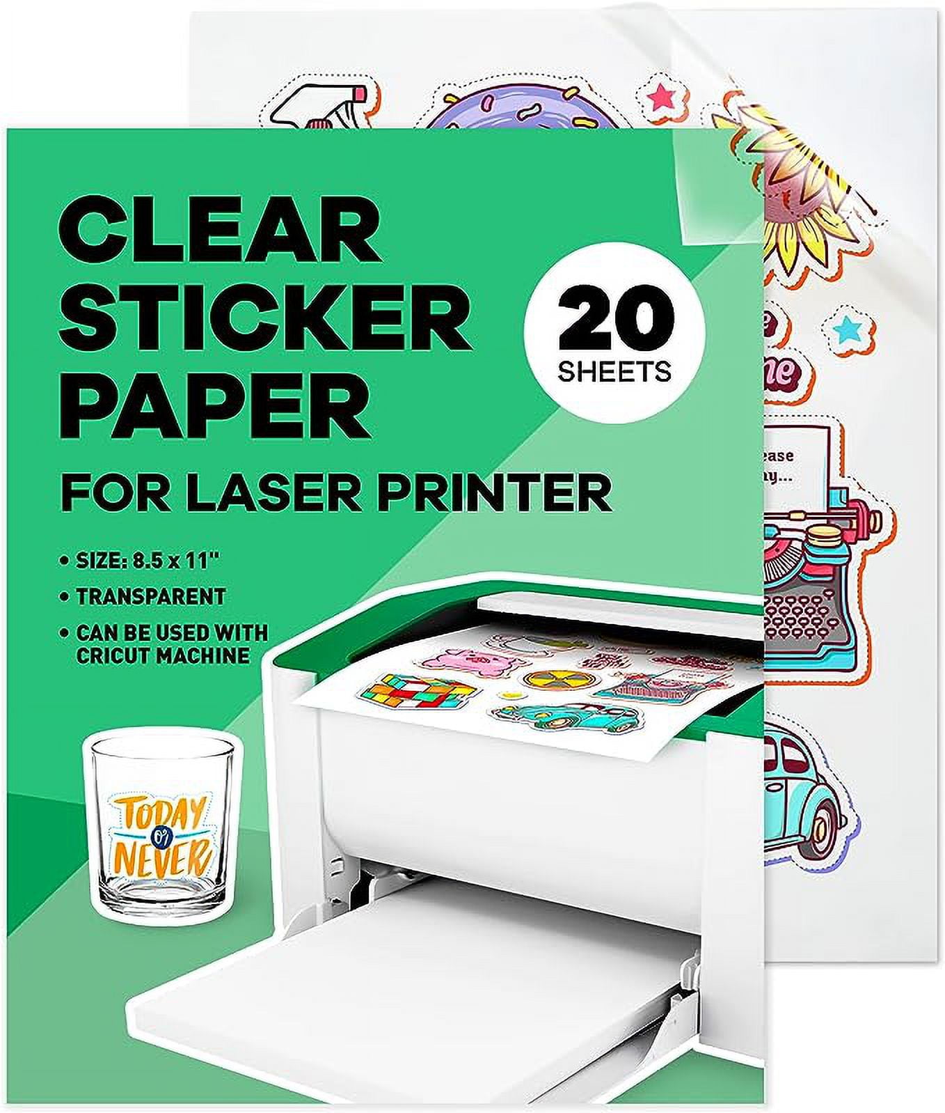 Clear Sticker Paper for Laser Printer (20 Sheets) - Vinyl Sticker Paper for  Laser Printer - 8.5 x 11 - Glossy - Sticker Paper for Printer - Sticker