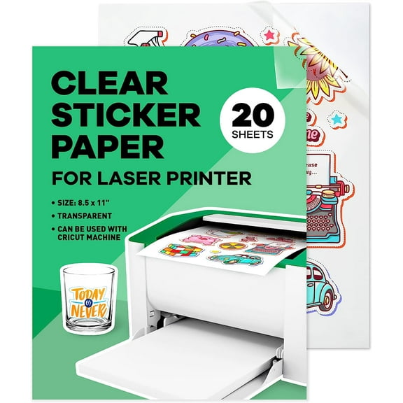 Clear Sticker Paper for Laser Printer - (20 Sheets), 8.5 x 11" Letter Size, Glossy Vinyl Sticker Paper - Perfect for Crafting and Vibrant Designs