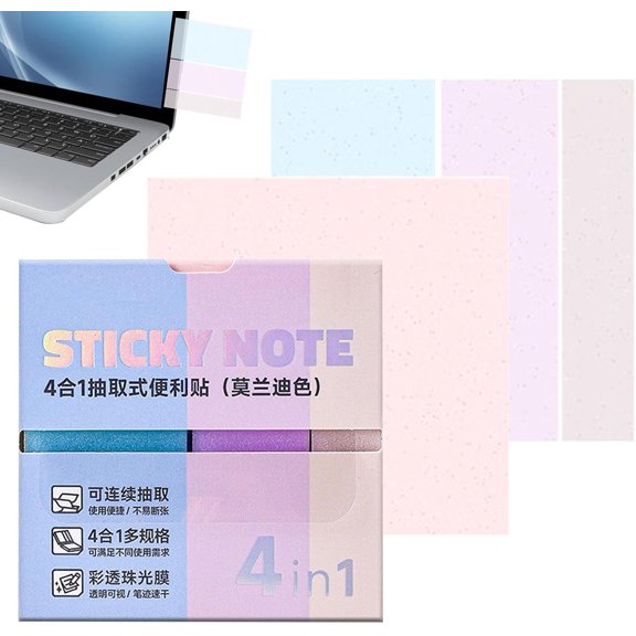Clear Sticky Notes, 4 Sizes 240 Sheets Glitter Pull Out Self-Adhesive Transparent Memo Notes