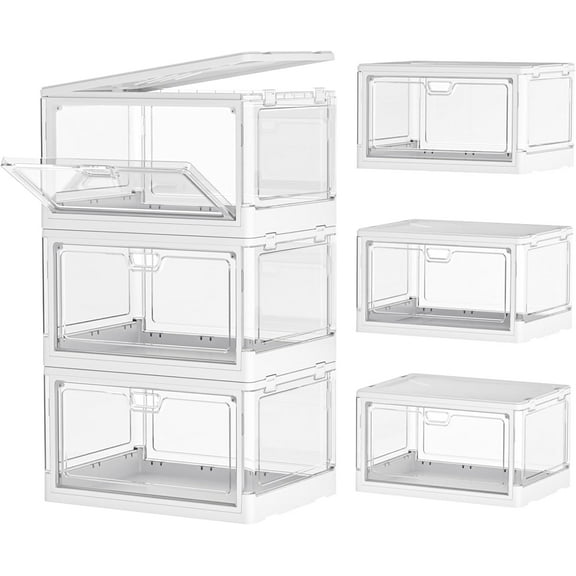 Clear Storage Bin with Lid 3 Pack Stackable & Sturdy Plastic Multifunctional Folding Storage Bins for Bedroom, Living Room, Study,Room, 23 QT Folding Box with Magnetic door