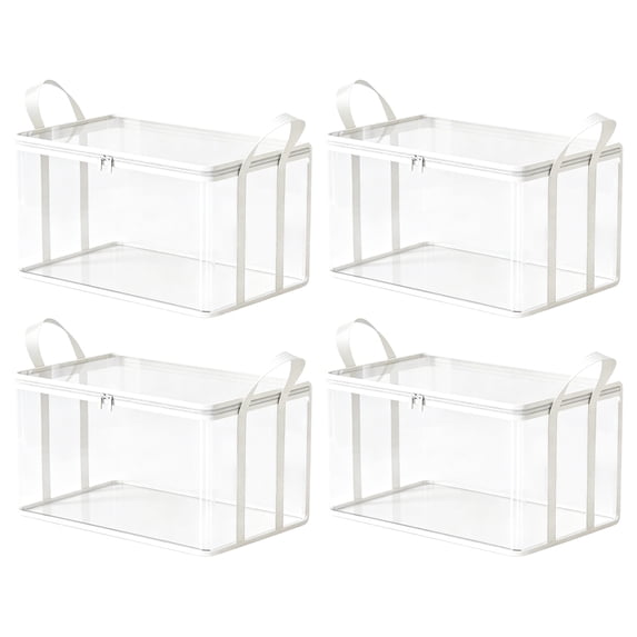 Clear Storage Bin, Medium Size White Rimmed Thickened Transparent, 4 Pack with Zipper Lid and Carry Handles, for Clothes Moving Packing College Dorm Closet Organization Storage