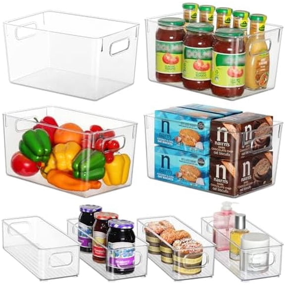 Clear Storage Bins 8 Pack for Fridge,4 Large Plastic Pantry Organizer Bins and 4 Small Stackable Storage Containers for Home Edit, Kitchen, Freezer, Bathroom, Under Bed, Vanity Drawers