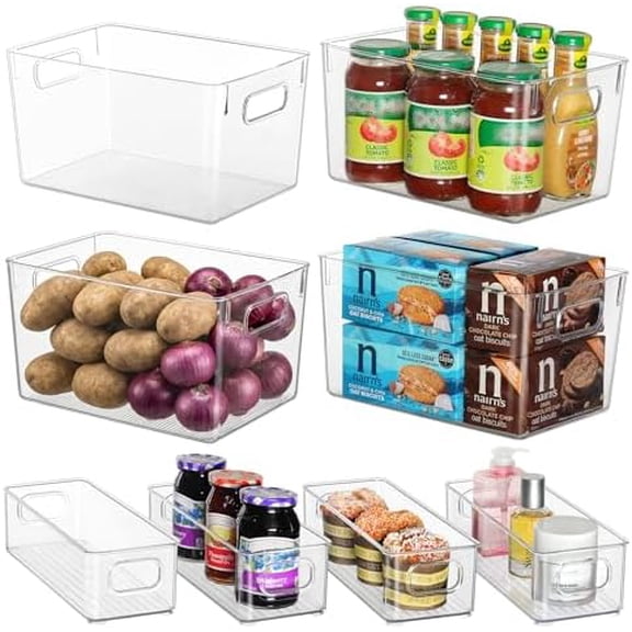 Clear Storage Bins 8 Pack for Pantry Organizers, 4 Large Plastic Pantry Organizer Bins and 4 Small Stackable Storage Containers for Kitchen Cabinet, Home Edit, Freezer Fridge Organizer