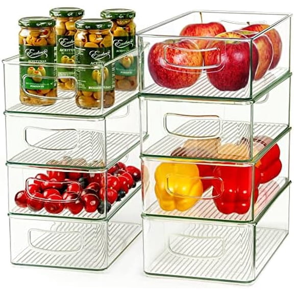 Clear Storage Bins 8 Packs for Refrigerator, 4 Large Stackable Pantry Organizer Bins and 4 Medium Storage Plastic Containers for Home Edit, Kitchen, Freezer, Bathroom, Drawers, Shelves