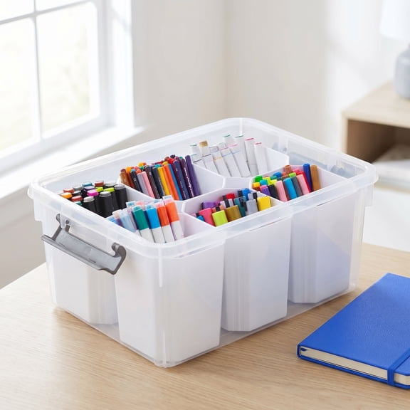 Clear Storage Bins with Lids Stackable Plastic Organizer with Removable Dividers, Art & Craft Supplies Storage Box, Toy Organizer for Classroom, Home, Office