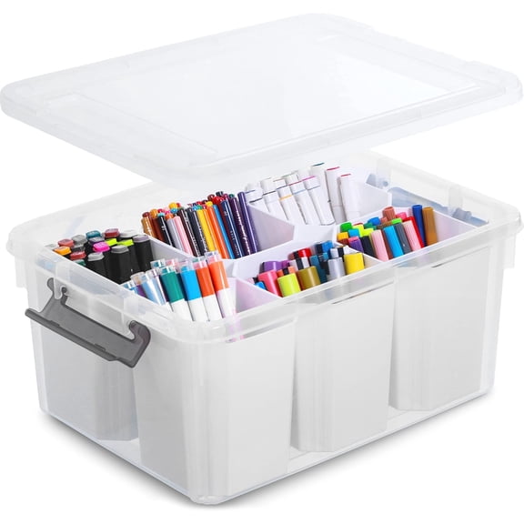 Clear Storage Bins with Lids – Stackable Plastic Organizer with Removable Dividers, Art & Craft Supplies Storage Box, Toy Organizer for Classroom, Home, Office