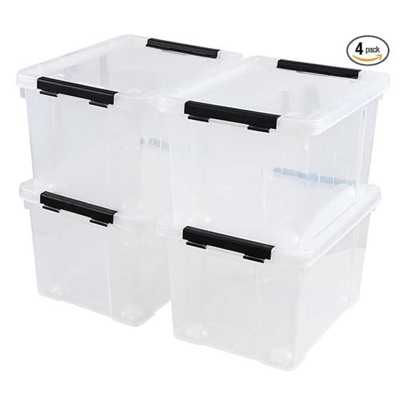Clear Storage Bins with Wheels 22 Quart (4 Pack) - Plastic Latching Storage Boxes with Lids, Stackable Organizer Containers for Home, Closet, Toys, Books
