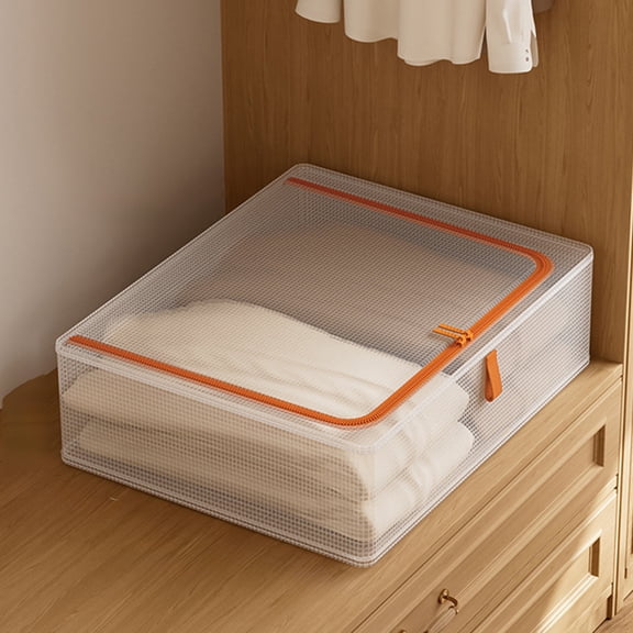 Clear Storage Bins with Lids, Foldable Fabric Storage Containers, Large Closet Organizer for Clothes Blankets Toys, 21.7x19.3x7.5 Inch, Orange/Nylon