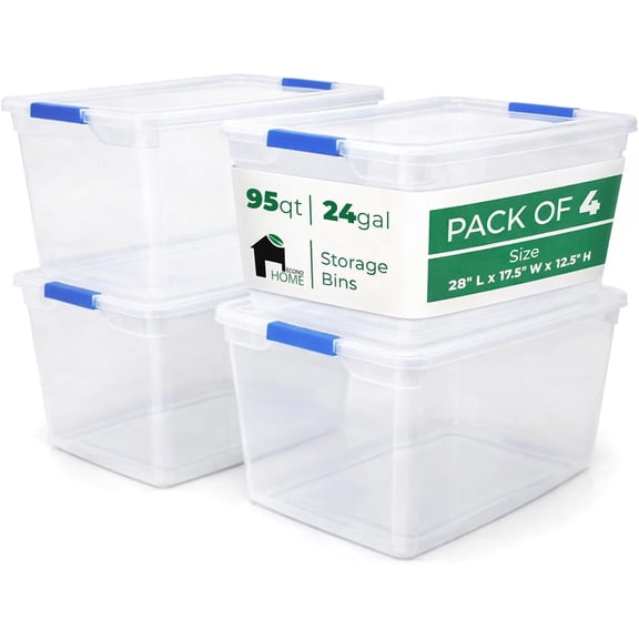 Clear Storage Box - 95 Qt/24 Gallon Clear Plastic Storage Bins with Lids 4 PACK - Lidded Stackable Organizer Bins for Organization - Heavy-Duty Tote for Organizing at Home, Office, or Garage