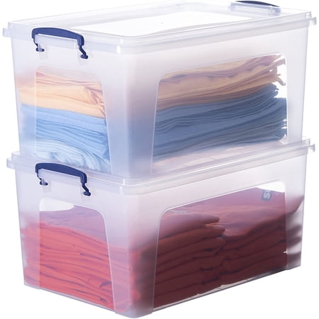 Clear Storage Box with Lid, Plastic Container Bins for Organizing, Stackable Crate, Storage Bin Organizer for Home, Office, School, and College (28.5 Quart, 2 Pack)