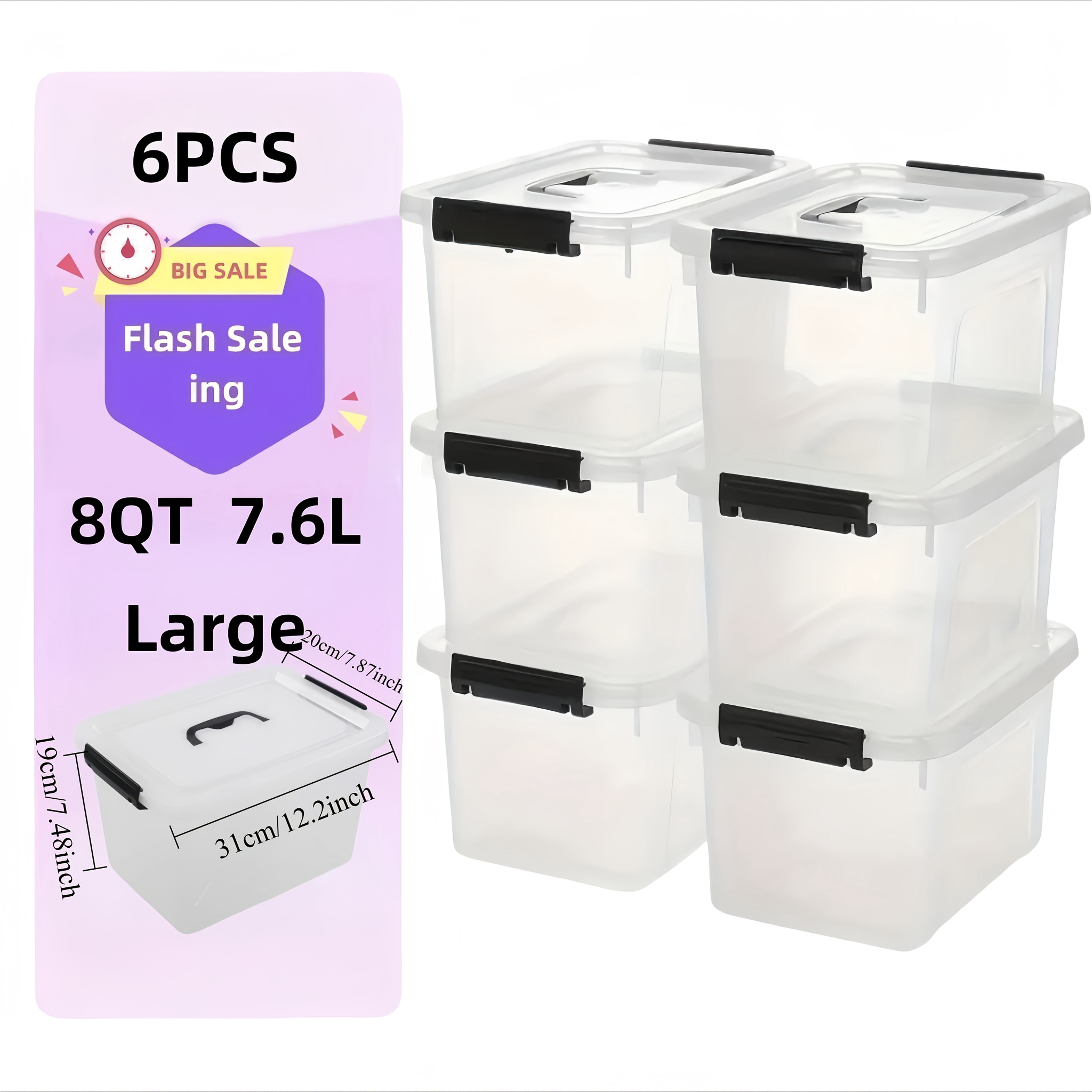[Clear Storage Boxes] 6-Pack Stackable Clear Plastic Storage Boxes with ...