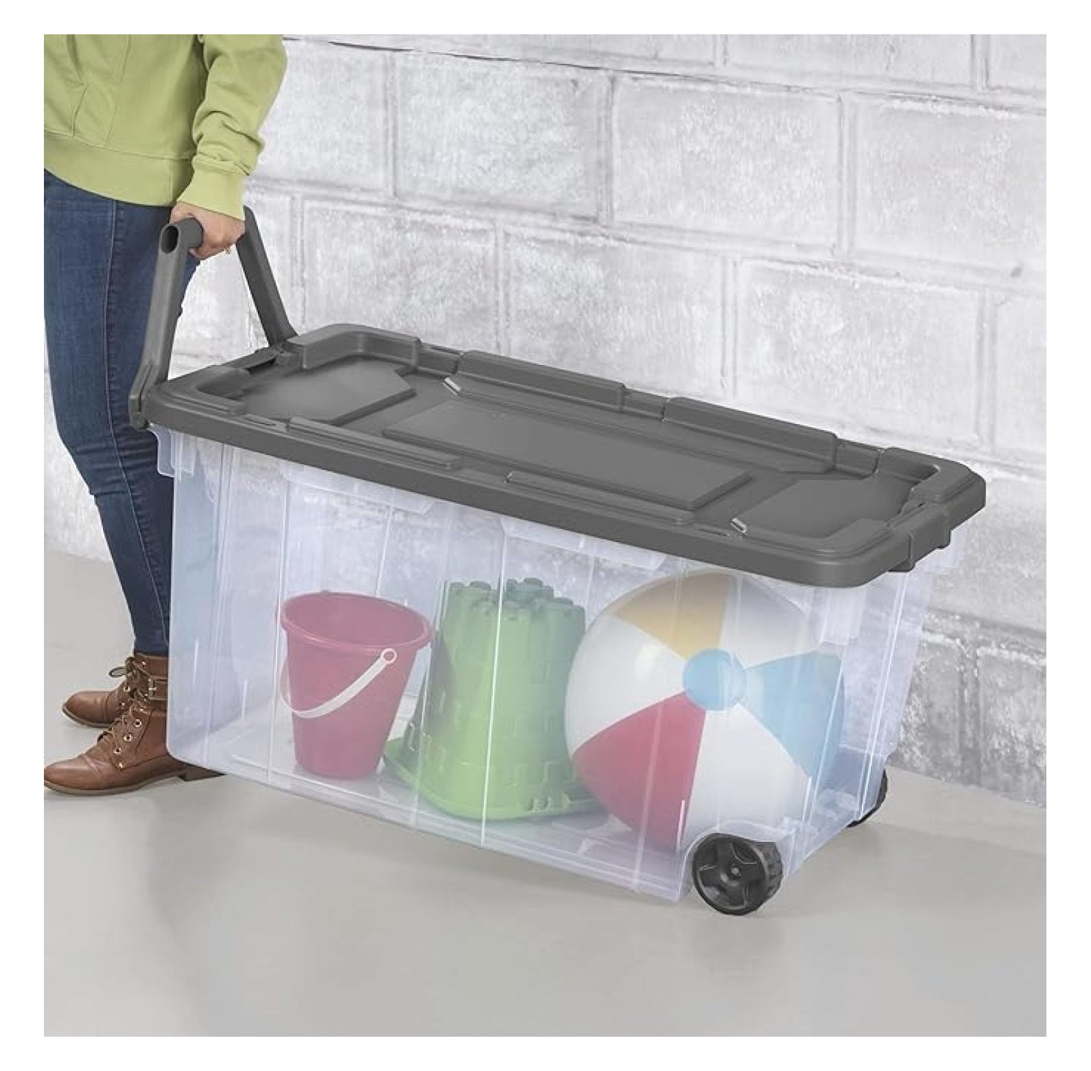 Storage File Container With Wheels Clear Storage Container with Wheels, Large Rolling Bin with Gray Lid ...