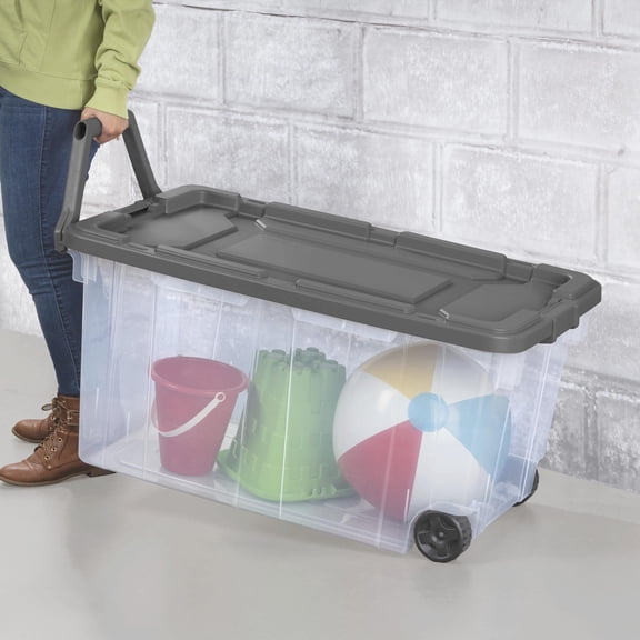 Clear Storage Container with Wheels, Large Rolling Bin with Gray Lid, 36.75x21.38x18 Inch, Moisture-Resistant Storage Box for Transport