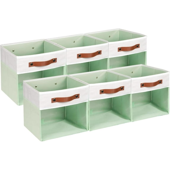 Clear Storage Cubes Bins 11 x 11, Fabric Storage Cube Bins for Storage Organizer,Shelf Storage Bin for Organizing, Cubby Foldable Cube Organizer Bin for Storage Blanket Home(White Green 6PCS)