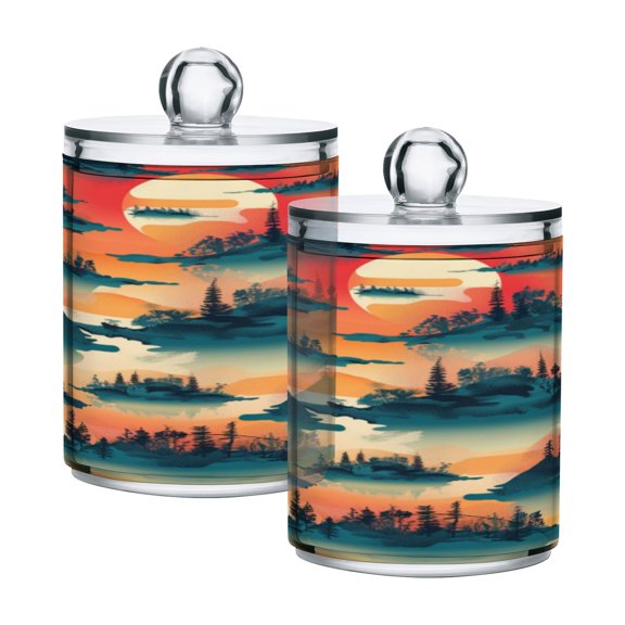 Clear Storage Jar 2.75x 4.13 Inches One Sizex2 Cotton Swabs Cans Translucent Plasticental Floss Cans Cotton Pads Cans Bathroom Canisters Cartoon Sunsets and Trees