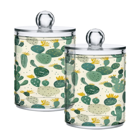 Clear Storage Jar 2.75x 4.13 Inches One Sizex2 Cotton Swabs Cans Translucent Plasticental Floss Cans Cotton Pads Cans Bathroom Canisters Green Cartoon Cactus