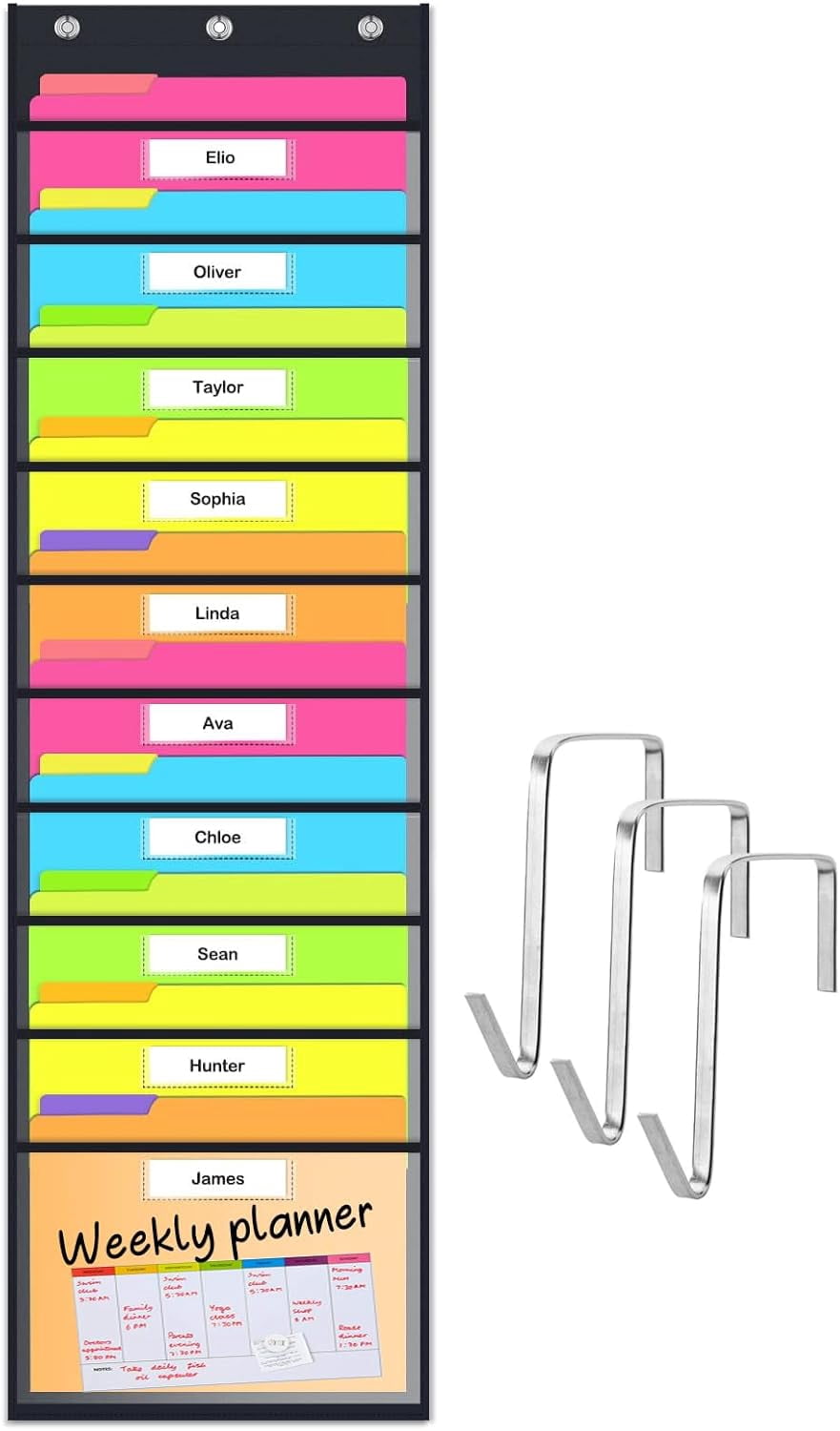 Clear Storage Pocket Chart for Classroom & Office with 10 Nametag Pockets, 3 Overdoor Hangers Included, Hanging Wall File Organizer for File Folders, Assignments, Files, Scrapbook Papers & More