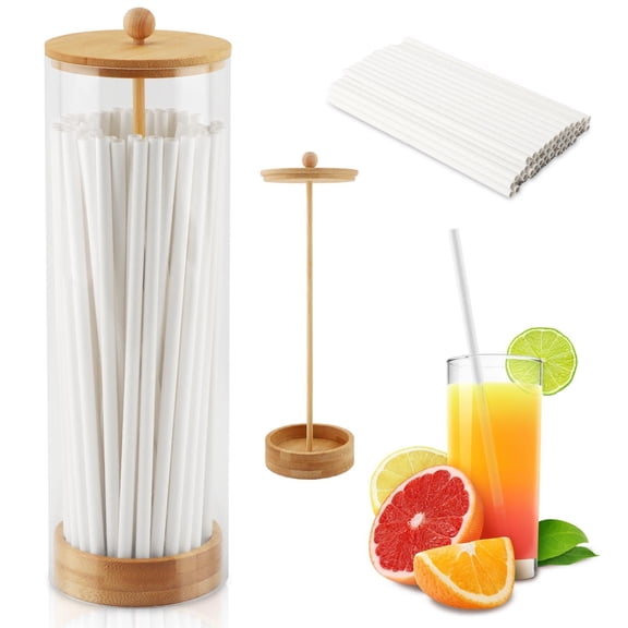 Clear Straw Holder Dispenser for Counter, Drinking Straw Organizer Container with Bamboo Lid Transparent Straws Storage Holder, Include 100 Straws