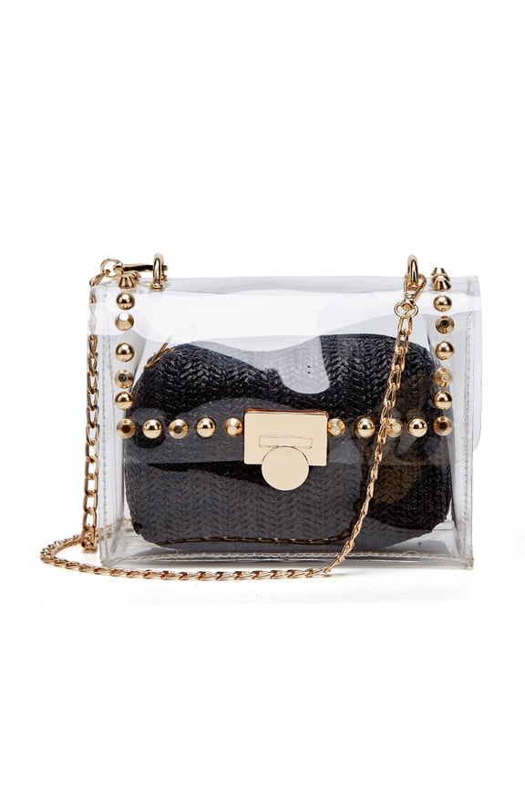 Clear Studded Handbag with Woven Inner Pouch, Gold Chain Strap, Transparent PVC