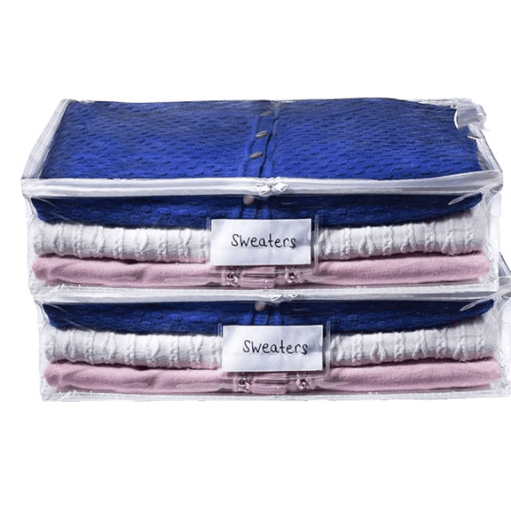 Clear Sweater Storage Bags (2-Pack) Durable Vinyl Shields Contents from Dust, Dirt, and Moisture Easy-Glide Zipper & Label Pocket for Convenient Access and Organization