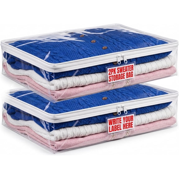 Clear Sweater Storage Bags (2-Pack) Durable Vinyl Shields Contents from Dust, Dirt, and Moisture Easy-Glide Zipper & Label Pocket for Convenient Access and Organization
