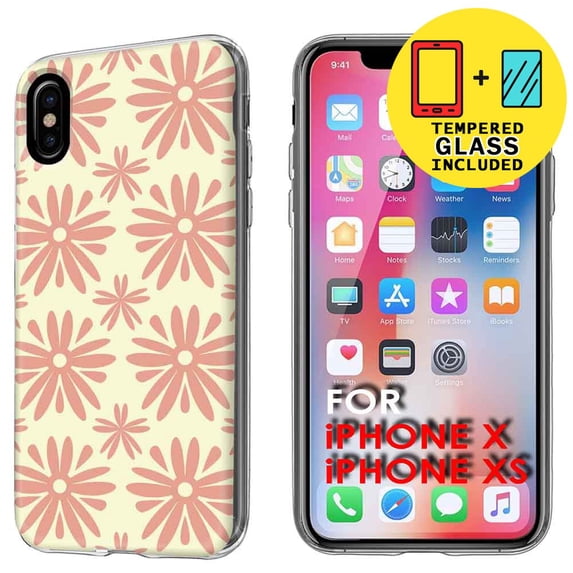 Clear TPU Phone Case for Apple iPhone XS,X,Floral 01,Temper Glass Included,Combo