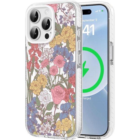 Clear TPU Phone Case for iPhone 15 Pro Max Compatible with Magsafe, Cute Floral Design Shock Proof Heavy-Duty Protection for Women Girls