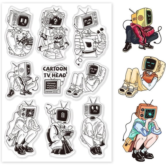 Clear TV Head People Clear Stamps for DIY Scrapbooking Cartoon Character Silicone Clear Stamp Seals Transparent Stamps for Cards Making Photo Album Journal Home Decoration
