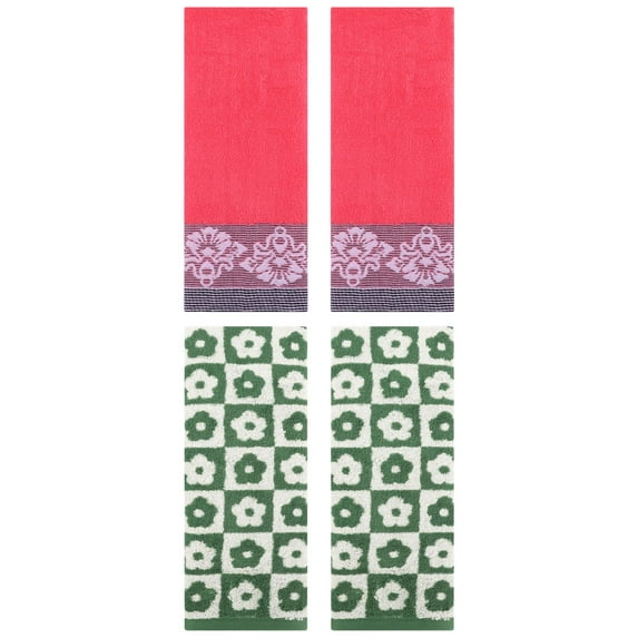 Unique Bargains 4 Pcs Floral Absorbent Hand Towels Green/Pink 14" x 30"/13" x 29"
