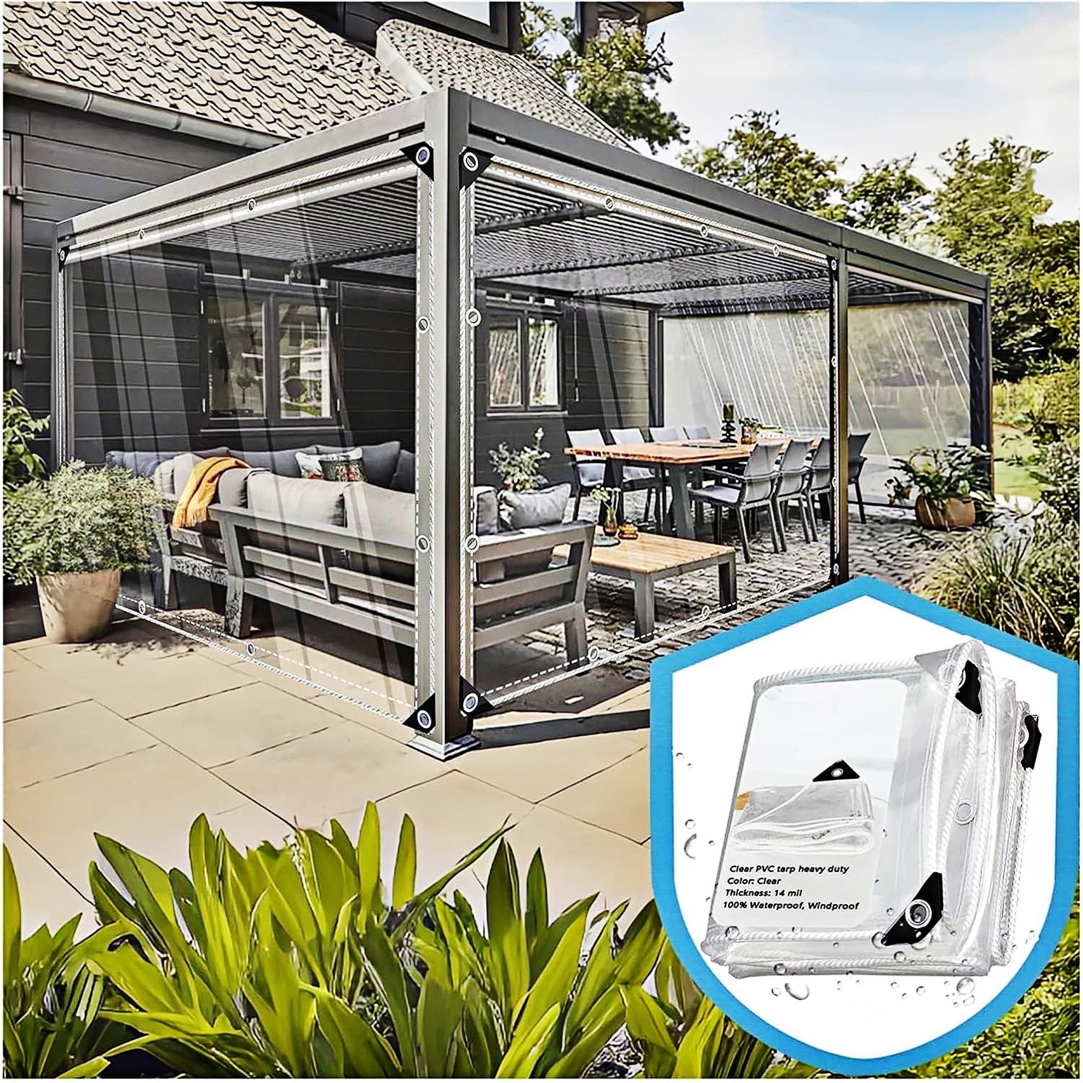 Clear PVC Tarp Curtain With Zip Door – 0.5mm Waterproof Side Panels For Gazebo, Pergola