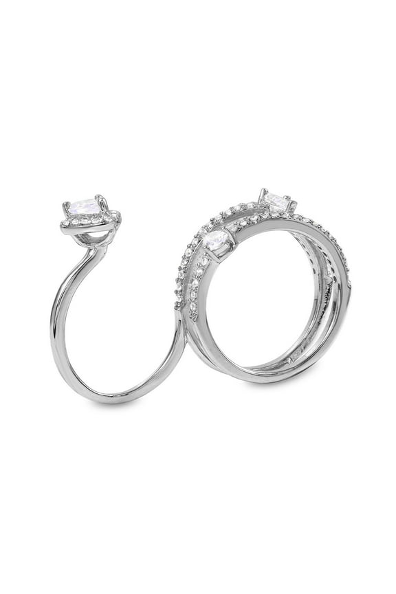 Clear Teardrop Cubic Zirconia Two-Finger Designer Ring Rhodium Plated Sterling Silver Size 6
