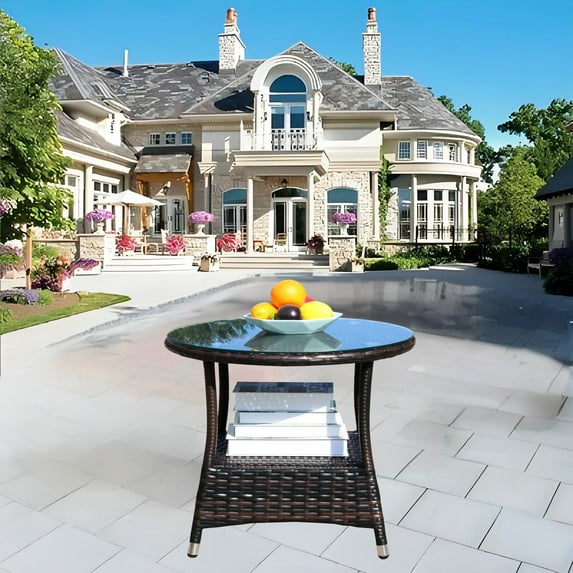 Clear Tempered Glass - Brown Wicker Finish - Outdoor Afternoon Tea / Beautiful Patio Table
