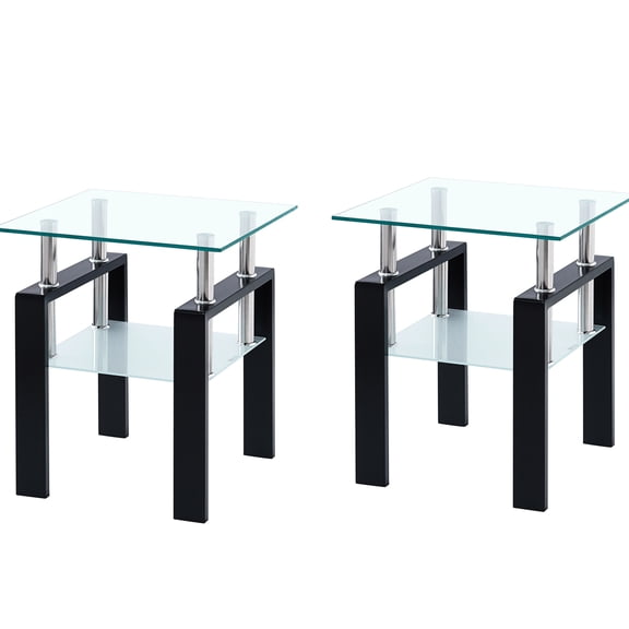 Clear Tempered Glass Living Room End Table, 2. Modern Table. Smooth Square Shape. 8mm Top, 5mm Shelf. 18.01in X 20.91in. 20lb. Install Easily 2 Small Table For Area. Side Contemporary Design.