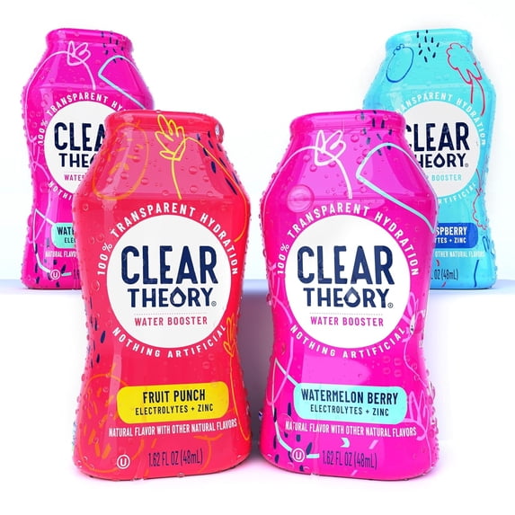 Clear Theory® Water Flavoring Drops, Electrolytes Drink Mix, Water Enhancer Liquid, Flavored Hydration for Kids, Vegan, Gluten Free, Low Calories, Stevia, Variety Pack, 4 Pack, 1.62 Fl Oz Bottles