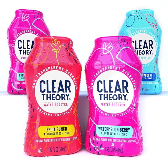 Clear Theory Water Flavoring Drops, Electrolytes Drink Mix, Water Enhancer Liquid, Flavored Hydration for Kids, Vegan, Gluten Free, Low Calories, Stevia, Variety Pack, 4 Pack, 1.62 Fl Oz Bottles