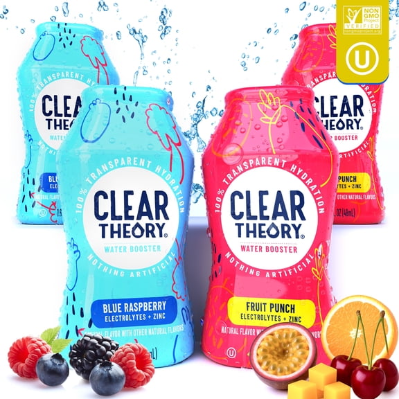 Clear Theory Water Flavoring Drops with Electrolytes, Water Enhancer Liquid Flavored Water Drink Mix, Hydration for Kids, Vegan, Gluten Free, Low Calorie (Blue Raspberry & Watermelon Berry)