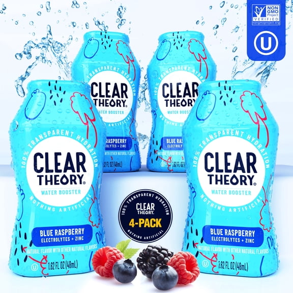 Clear Theory Water Flavoring Drops with Electrolytes, Water Enhancer Liquid Flavored Water Drink Mix, Hydration for Kids, Vegan, Gluten Free, Low Calorie, Blue Raspberry, 4 Pack, 1.62 Fl Oz Bottles