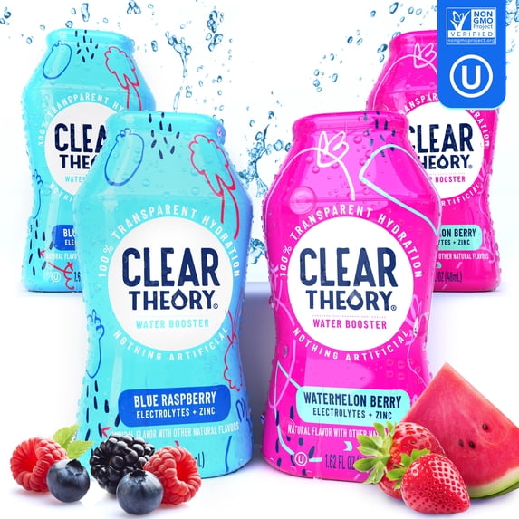 Clear Theory® Water Flavoring Drops with Electrolytes, Water Enhancer Liquid Flavored Water Drink Mix, Hydration for Kids, Vegan, Gluten Free, Low Calorie (Blue Raspberry & Watermelon Berry)